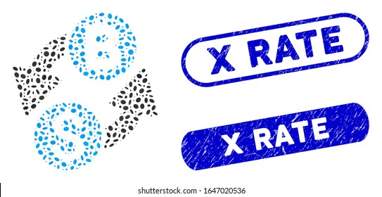 Mosaic dollar Bitcoin exchange and grunge stamp seals with X Rate phrase. Mosaic vector dollar Bitcoin exchange is formed with random elliptic pieces. X Rate stamp seals use blue color,