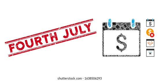 Mosaic dollar calendar day icon and red Fourth July seal between double parallel lines. Flat vector dollar calendar day mosaic pictogram of scattered rotated rectangular elements.