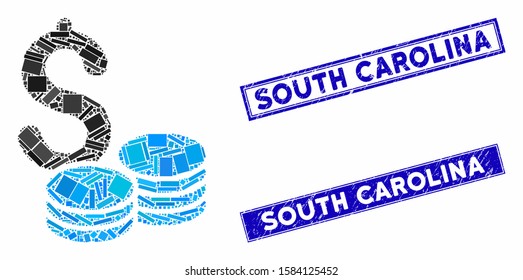 Mosaic dollar cash icon and rectangle South Carolina rubber prints. Flat vector dollar cash mosaic pictogram of randomized rotated rectangle items.