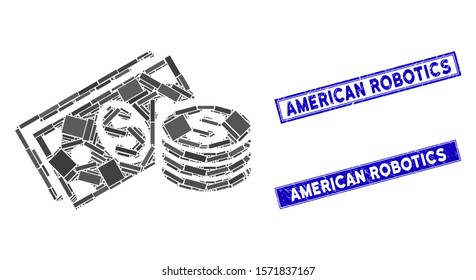 Mosaic dollar cash icon and rectangular American Robotics seal stamps. Flat vector dollar cash mosaic icon of random rotated rectangular elements.