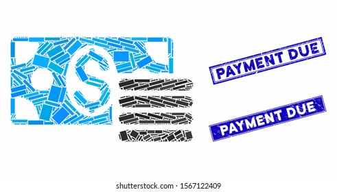 Mosaic dollar cash pictogram and rectangle seal stamps. Flat vector dollar cash mosaic pictogram of random rotated rectangle elements. Blue caption seal stamps with scratched texture.