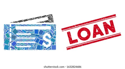 Mosaic dollar cheques pictogram and red Loan stamp between double parallel lines. Flat vector dollar cheques mosaic pictogram of randomized rotated rectangle items.