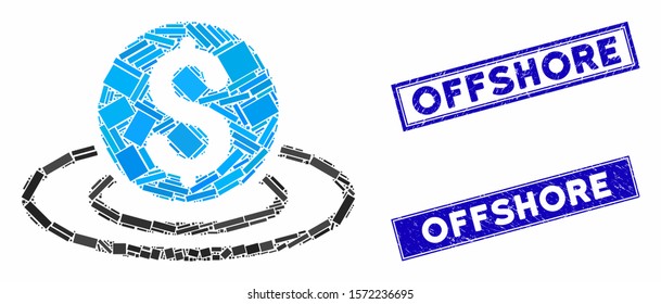 Mosaic dollar coin area icon and rectangular Offshore seal stamps. Flat vector dollar coin area mosaic icon of random rotated rectangular elements. Blue Offshore rubber stamps with grunge texture.