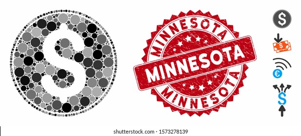 Mosaic dollar coin icon and grunge stamp watermark with Minnesota phrase. Mosaic vector is composed from dollar coin icon and with randomized round spots. Minnesota stamp uses red color,