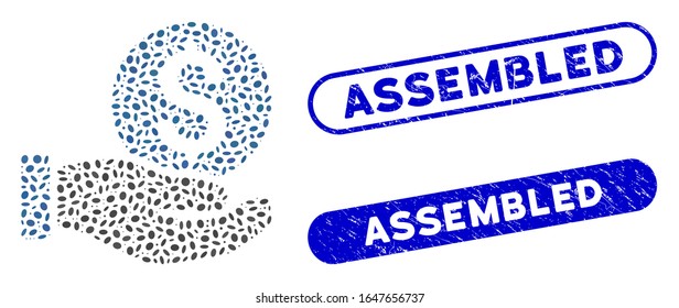 Mosaic dollar coin payment hand and grunge stamp watermarks with Assembled caption. Mosaic vector dollar coin payment hand is created with scattered oval spots. Assembled stamp seals use blue color,