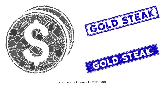 Mosaic dollar coins pictogram and rectangular Gold Steak seal stamps. Flat vector dollar coins mosaic pictogram of scattered rotated rectangular items. Blue Gold Steak stamps with grunge texture.