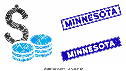 Mosaic dollar coins pictogram and rectangular Minnesota seal stamps. Flat vector dollar coins mosaic icon of randomized rotated rectangle items. Blue Minnesota seal stamps with rubber surface.