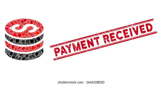 Mosaic Dollar Coins Stack Icon And Red Payment Received Stamp Between Double Parallel Lines. Flat Vector Dollar Coins Stack Mosaic Icon Of Random Rotated Rectangular Elements.