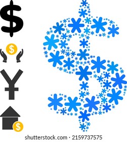 Icono de la moneda del dólar mosaico se crea para invierno, Año Nuevo, Navidad. El mosaico del icono de la moneda del dólar está hecho de íconos de nieve azul claro. Se agregan algunos iconos similares.