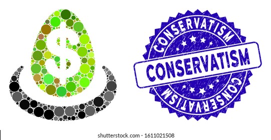 Mosaic dollar deposit icon and grunge stamp seal with Conservatism caption. Mosaic vector is formed with dollar deposit icon and with scattered circle items. Conservatism stamp seal uses blue color,