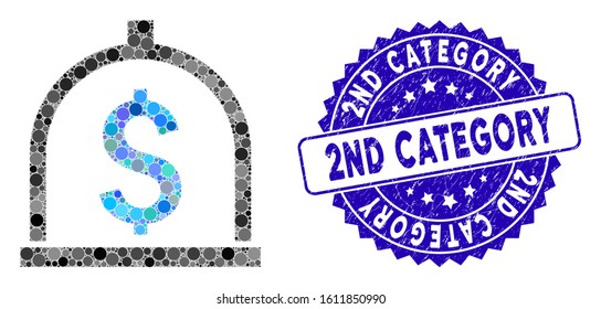 Mosaic dollar deposit icon and grunge stamp seal with 2Nd Category caption. Mosaic vector is created with dollar deposit icon and with randomized spheric items.