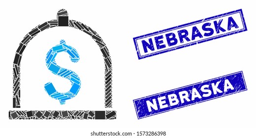 Mosaic dollar deposit pictogram and rectangular Nebraska seal stamps. Flat vector dollar deposit mosaic pictogram of random rotated rectangular items.