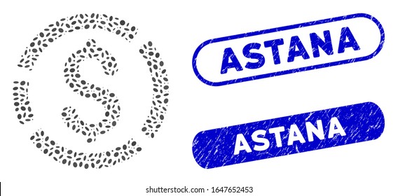 Mosaic dollar diagram and rubber stamp seals with Astana text. Mosaic vector dollar diagram is formed with random ellipse elements. Astana stamp seals use blue color, and have round rectangle shape.