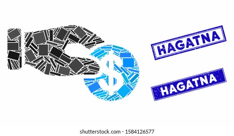 Mosaic dollar donation icon and rectangle Hagatna seals. Flat vector dollar donation mosaic icon of randomized rotated rectangle elements. Blue Hagatna rubber seals with scratched texture.