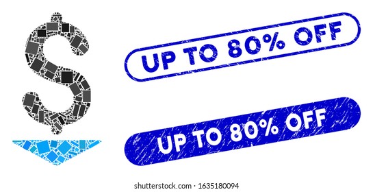 Mosaic dollar down and distressed stamp watermarks with Up to 80% Off text. Mosaic vector dollar down is composed with scattered rectangle items. Up to 80% Off stamp seals use blue color,