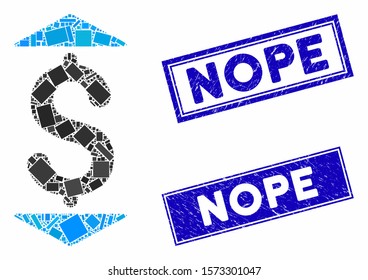 Mosaic dollar up down icon and rectangle Nope watermarks. Flat vector dollar up down mosaic icon of scattered rotated rectangle items. Blue Nope watermarks with corroded surface.