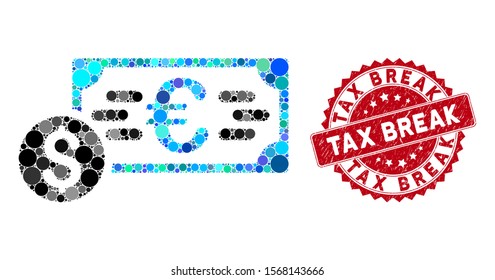 Mosaic Dollar And Euro Cash And Rubber Stamp Seal With Tax Break Caption. Mosaic Vector Is Formed With Dollar And Euro Cash Icon And With Randomized Circle Spots. Tax Break Stamp Seal Uses Red Color,