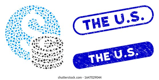 Mosaic Dollar and Euro coins and grunge stamp seals with The U.S. caption. Mosaic vector Dollar and Euro coins is formed with scattered elliptic dots. The U.S. stamp seals use blue color,
