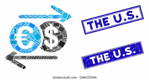 Mosaic Dollar Euro exchange pictogram and rectangle The U.S. rubber prints. Flat vector Dollar Euro exchange mosaic icon of randomized rotated rectangle items. Blue The U.S.