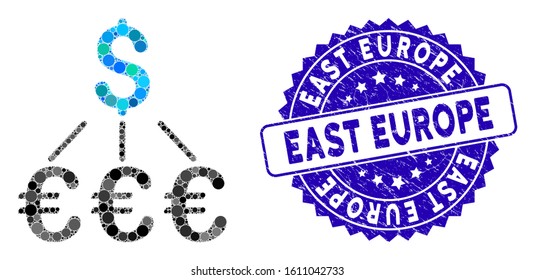 Mosaic Dollar Euro links icon and corroded stamp seal with East Europe phrase. Mosaic vector is composed with Dollar Euro links icon and with random circle items.