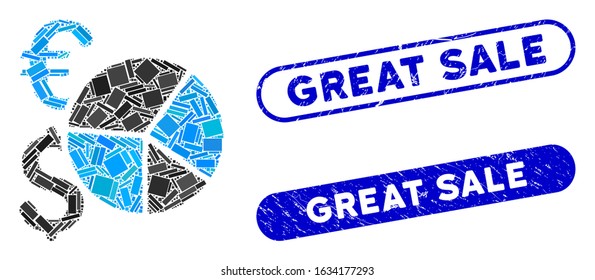 Mosaic Dollar and Euro pie chart and rubber stamp seals with Great Sale text. Mosaic vector Dollar and Euro pie chart is designed with random rectangle items. Great Sale seals use blue color,