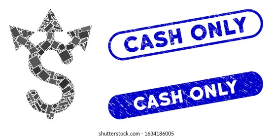 Mosaic dollar expences and grunge stamp seals with Cash Only caption. Mosaic vector dollar expences is composed with random rectangle items. Cash Only stamp seals use blue color,