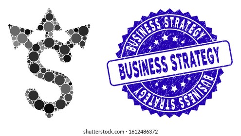 Mosaic dollar expences icon and grunge stamp seal with Business Strategy text. Mosaic vector is composed with dollar expences pictogram and with randomized circle elements.