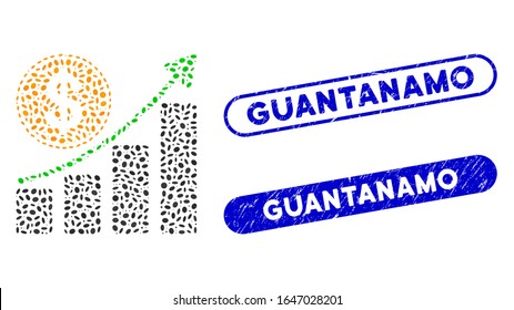 Mosaic dollar growth chart and grunge stamp seals with Guantanamo caption. Mosaic vector dollar growth chart is designed with random elliptic pieces. Guantanamo stamp seals use blue color,