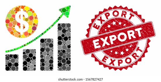Mosaic dollar growth graph and corroded stamp watermark with Export caption. Mosaic vector is formed with dollar growth graph icon and with scattered circle spots. Export stamp seal uses red color,