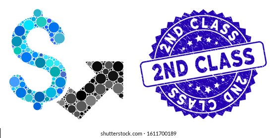 Mosaic dollar growth icon and grunge stamp seal with 2Nd Class caption. Mosaic vector is created with dollar growth icon and with randomized round items. 2Nd Class stamp seal uses blue color,