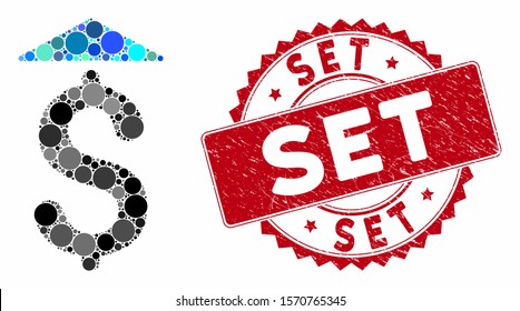 Mosaic dollar up and grunge stamp seal with Set text. Mosaic vector is formed with dollar up icon and with scattered round items. Set stamp seal uses red color, and rubber texture.