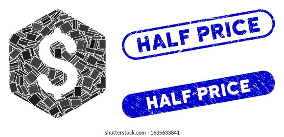 Mosaic dollar hexagon and corroded stamp seals with Half Price text. Mosaic vector dollar hexagon is designed with random rectangle items. Half Price stamp seals use blue color,