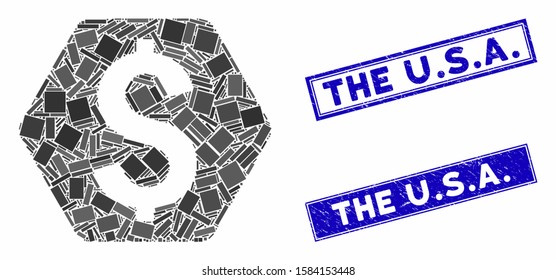 Mosaic dollar hexagon pictogram and rectangle The U.S.A. seal stamps. Flat vector dollar hexagon mosaic pictogram of scattered rotated rectangle elements. Blue The U.S.A.
