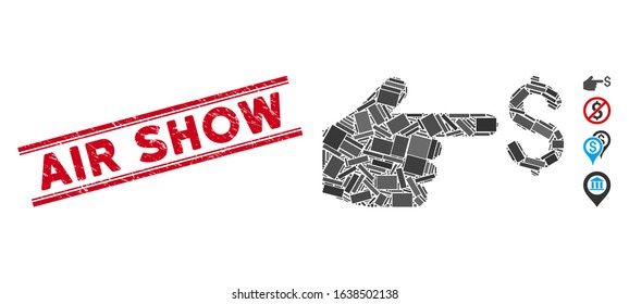 Mosaic dollar index icon and red Air Show seal stamp between double parallel lines. Flat vector dollar index mosaic icon of random rotated rectangle elements.