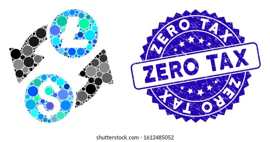 Mosaic dollar Litecoin exchange icon and rubber stamp seal with Zero Tax phrase. Mosaic vector is designed with dollar Litecoin exchange icon and with scattered circle elements.