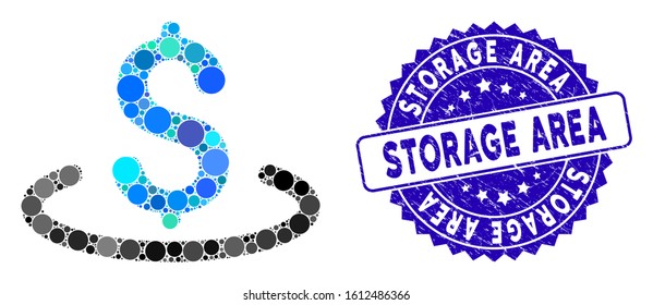 Mosaic dollar location icon and rubber stamp seal with Storage Area phrase. Mosaic vector is composed with dollar location icon and with random round spots. Storage Area stamp uses blue color,