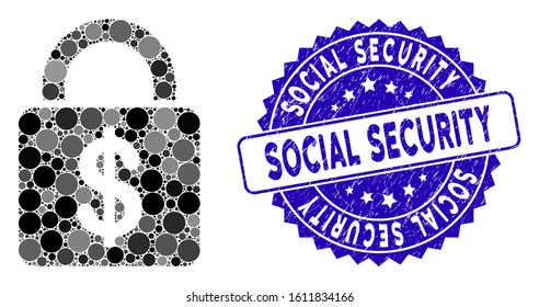 Mosaic dollar lock icon and distressed stamp watermark with Social Security text. Mosaic vector is designed with dollar lock icon and with random circle elements.