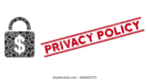 Mosaic dollar lock icon and red Privacy Policy seal stamp between double parallel lines. Flat vector dollar lock mosaic icon of scattered rotated rectangle items.