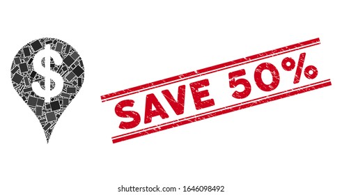 Mosaic dollar map marker pictogram and red Save 50 Percent seal stamp between double parallel lines. Flat vector dollar map marker mosaic pictogram of random rotated rectangle elements.