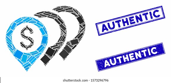 Mosaic dollar map pointers pictogram and rectangular Authentic seals. Flat vector dollar map pointers mosaic pictogram of scattered rotated rectangle elements.