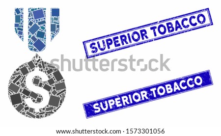 Mosaic dollar medal pictogram and rectangular Superior Tobacco stamps. Flat vector dollar medal mosaic pictogram of scattered rotated rectangular items.