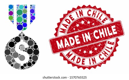 Mosaic dollar medal and rubber stamp watermark with Made in Chile phrase. Mosaic vector is created with dollar medal icon and with randomized spheric elements. Made in Chile stamp uses red color,