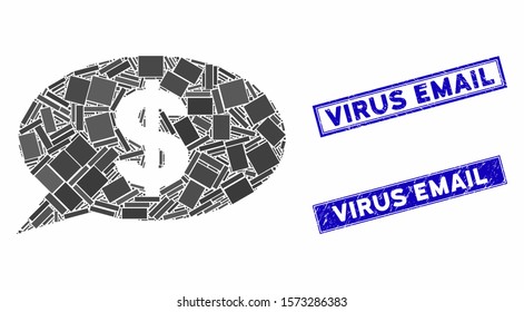 Mosaic dollar message balloon icon and rectangle Virus Email seal stamps. Flat vector dollar message balloon mosaic icon of randomized rotated rectangle elements.