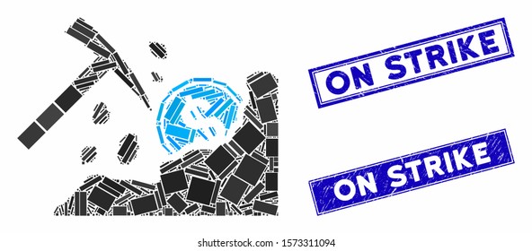 Mosaic dollar mining hammer icon and rectangular On Strike stamps. Flat vector dollar mining hammer mosaic icon of random rotated rectangular elements. Blue On Strike seal stamps with grunged texture.