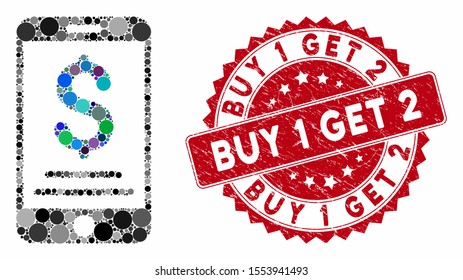 Pago móvil en dólares Mosaico y sello de goma con texto Comprar 1 Obtener 2. El vector mosaico se forma a partir de un icono de pago móvil en dólares y con elementos circulares dispersos.