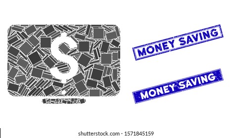 Mosaic dollar monitor icon and rectangle Money Saving seal stamps. Flat vector dollar monitor mosaic icon of randomized rotated rectangle items. Blue Money Saving rubber stamps with scratched surface.
