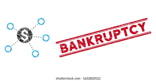 Mosaic dollar network links pictogram and red Bankruptcy seal between double parallel lines. Flat vector dollar network links mosaic pictogram of random rotated rectangular items.