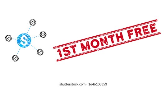 Mosaic dollar network nodes icon and red 1St Month Free seal stamp between double parallel lines. Flat vector dollar network nodes mosaic icon of randomized rotated rectangle elements.