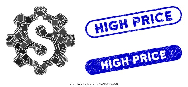 Mosaic dollar options and distressed stamp watermarks with High Price caption. Mosaic vector dollar options is composed with scattered rectangle items. High Price stamp seals use blue color,