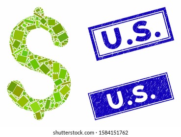 Mosaic dollar pictogram and rectangle U.S. seal stamps. Flat vector dollar mosaic icon of random rotated rectangular items. Blue U.S. seal stamps with grunge surface.